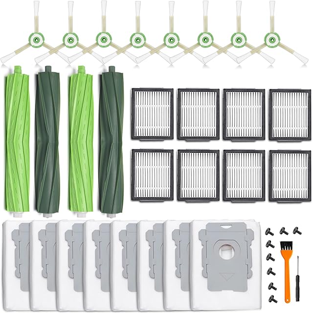 26 Replacement Parts for iRobot Roomba i7 i7+ i3 i3+ i4 i4+ i5 i5+ i6 i6+ i8 i8+ E5 E6 E7 Robot Vacuum Accessories, 2 Rubber Roller 8 Filters 8 Side Brushes 8 Vacuum Bags(NOT Fit the Combo J7+)