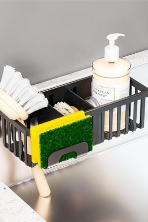 Yieach Black In Sink Sponge Holder for Kitchen Sink Organizer,3-In-1 In Sink Caddy with Suction Cups,Plastic Scrub Brush and Sink Ccrub Holder,New Home Must Haves Sponge Caddy,Dish Soap Rack,Dispenser