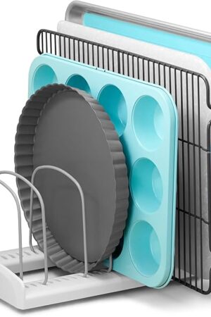 YouCopia StoreMore Adjustable Bakeware Rack, Cookie Sheet Baking Pan and Tray Organizer for Kitchen Cabinet and Pantry Storage, Standard, White