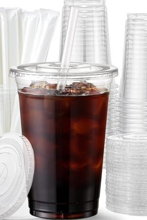 AOZITA 16 oz Plastic Cups with Lids and Straws, 50 Pack, Disposable Iced Coffee Cups with Lids, Clear Cups with Lids for Cold Drinks, Iced Tea, Milkshakes, Smoothies - Durable & BPA Free