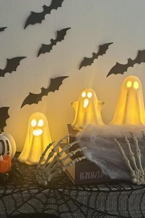 3 Pack Halloween Ceramic Ghost Decor, Light Up Ghost Halloween Decor, Cute Ghost Figurines for Table Tray Fireplace Home Indoor Decoration