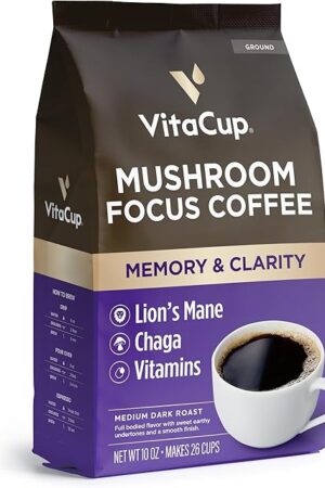 VitaCup Focus Mushroom Coffee Grounds, with Lions Mane, Chaga, B Vitamins, D3, Boost Focus, Immunity, Memory & Clarity, Medium Dark Roast, Bold & Smooth 100% Arabica Specialty, 10 Oz