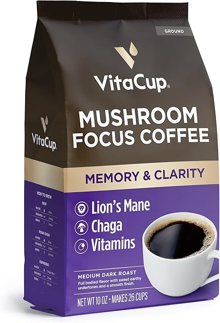 VitaCup Focus Mushroom Coffee Grounds, with Lions Mane, Chaga, B Vitamins, D3, Boost Focus, Immunity, Memory & Clarity, Medium Dark Roast, Bold & Smooth 100% Arabica Specialty, 10 Oz