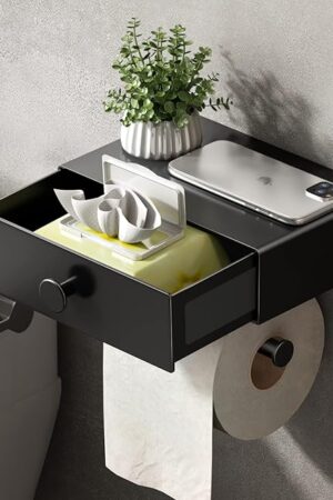 VOLDRA Toilet Paper Holder with Shelf Black Wipes Dispenser for Bathroom Toilet Paper Holder with Storage Upgrade Drawer Design Toilet Tissue Holder Adhesive Small Bathroom Shelf Wall Mount