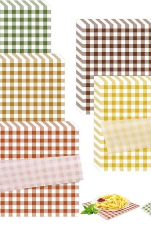 Whaline 300 Sheets Fall Plaid Wax Paper Greaseproof Waterproof Dry Waxed Deli Paper Sheet 5 Colors Checkered Paper Liners Wrapping Paper for Autumn Food Picnic Hamburger Cooking Frying, 12 x 12 Inch