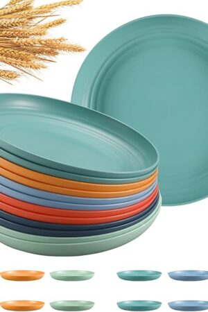 12 Pcs Unbreakable Deep Dinner Plates Set, 10 inch Reusable Plastic Wheat Straw Plates, Microwave and Dishwasher Safe Plate for Kitchen, Lightweight Plate for Dessert, BPA Free, 6 Colors