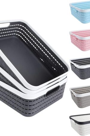 CertBuy 3 Pack Plastic Storage Baskets 14 x 10 x 4.5 Inch, Large Weave Storage Bins with Handle for Cabinet, Shelf, Kitchen, Bedroom, Bathroom and office – Dark Grey