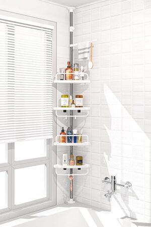 ADOVEL 4 Layer Corner Shower Caddy, Stainless Steel Constant Tension Pole Shower Organizer, Adjustable Corner Shower Shelf, Rustproof 3.3 to 9.8 ft