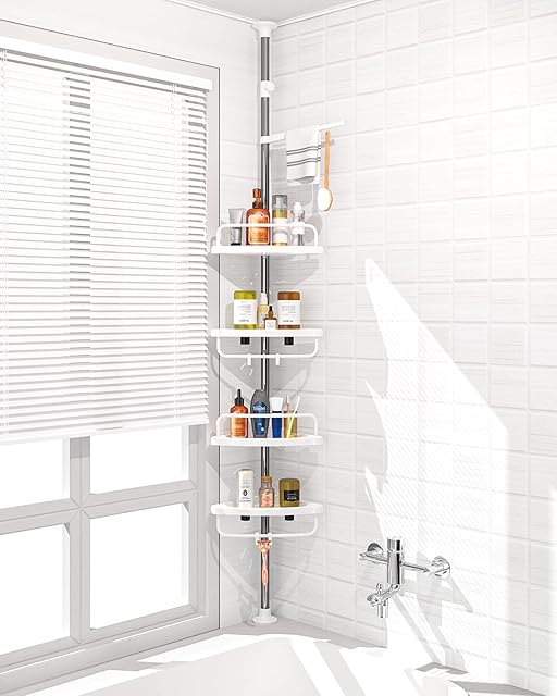 ADOVEL 4 Layer Corner Shower Caddy, Stainless Steel Constant Tension Pole Shower Organizer, Adjustable Corner Shower Shelf, Rustproof 3.3 to 9.8 ft