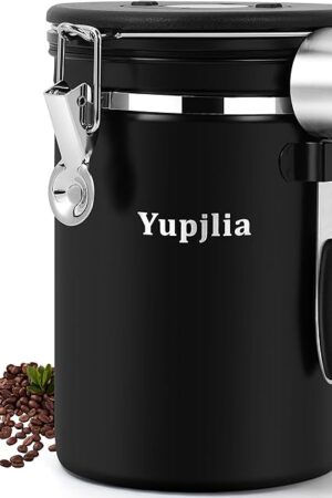Coffee Canister, Premium 22OZ Large Stainless Steel Coffee Bean Storage Container with Airtight Lids, Elegant Black Coffee Grounds Container with Data Tracker and Scoop for Tea, Sugar, Flour