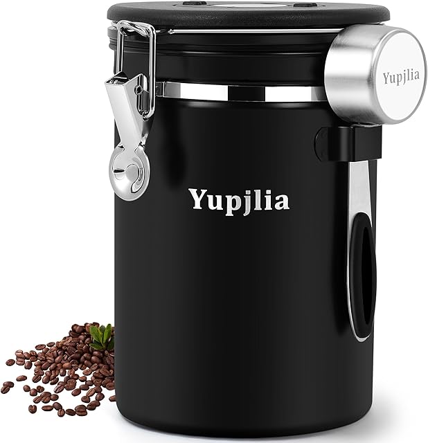 Coffee Canister, Premium 22OZ Large Stainless Steel Coffee Bean Storage Container with Airtight Lids, Elegant Black Coffee Grounds Container with Data Tracker and Scoop for Tea, Sugar, Flour