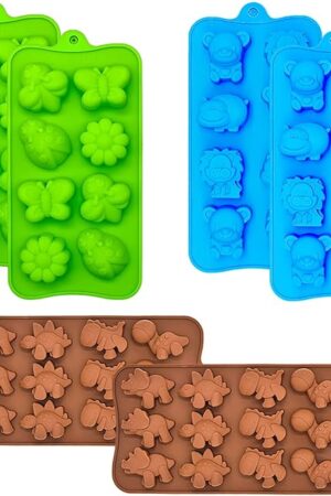 Candy Chocolate Molds Silicone, Non-Stick Animal Jello Mold Cake Moulds, Crayon Mold BPA Free, Forest Theme with Different Animals, including Dinosaur, Bear, Lion and Butterfly, Set of 6
