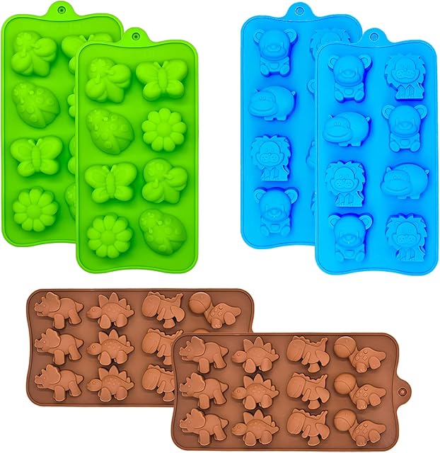 Candy Chocolate Molds Silicone, Non-Stick Animal Jello Mold Cake Moulds, Crayon Mold BPA Free, Forest Theme with Different Animals, including Dinosaur, Bear, Lion and Butterfly, Set of 6