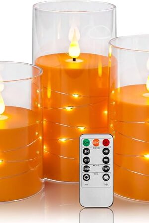 Da by Flickering Flameless Candles with Remote,Acrylic LED Candles with Embedded Star String,Battery Operated Candle, for Home and Holiday Decoration Set of 3（Orange）