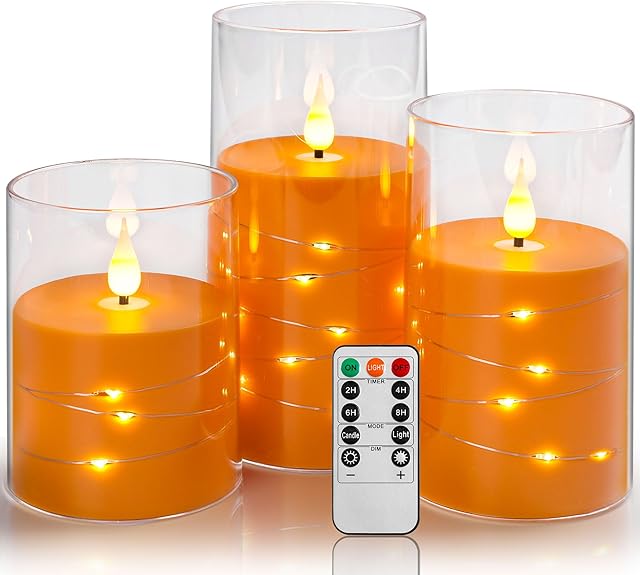 Da by Flickering Flameless Candles with Remote,Acrylic LED Candles with Embedded Star String,Battery Operated Candle, for Home and Holiday Decoration Set of 3(Orange)