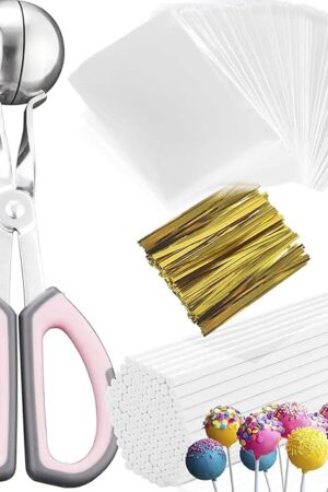 Cake Pop Kit, 100 6 inch Cake Pop Sticks, 100 Cake Pop Bags, 100 Twist Ties, 1 Cake Pop Mold Roller, Cake Pop Maker for Cake pops, Lollipop, Candies, Chocolates and Cookies (Pink)