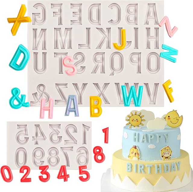 26 Capital Letter Fondant Molds, Alphabet Number 0-9 Chocolate Cake Decorating Silicone Mold 2pcs Birthday Party Anniversary Valentine's Day Candy Sugar Craft Mousse Cookie Clay Resin