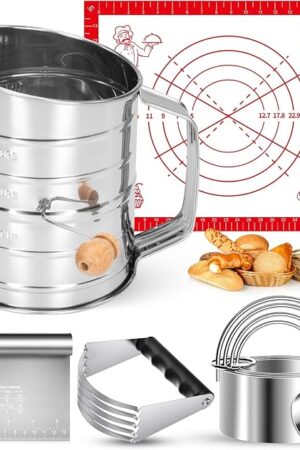 9PCS Stainless Steel Pastry Blender Set, 3 Cup Flour Sifter, Biscuit Cutter, Pastry Cutter, Dough Cutter, Silicone Baking Mats, for Cooking Cookies and Donuts, Cakes, Biscuits or Making Pancakes