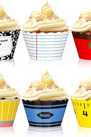 Vesici 48 Pcs Back to School Cupcake Wrappers Classroom Teacher Party Supplies Welcome Back First Day of School Paper Cupcake Liners Pencil Crayon Composition Notebook Apple Cake Baking Cup Wrappers