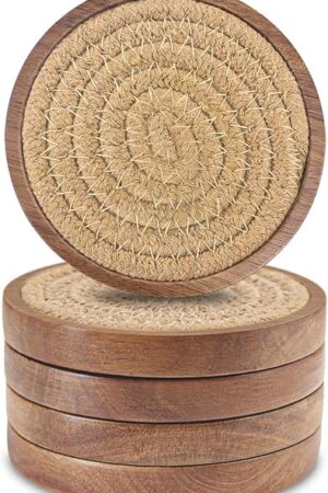 Wood Coasters for Drinks, Eykao Absorbent Coaster Sets of 5, Woven Drink Coasters for Coffee Table, Housewarming Gift for Farmhouse Home Decor,4 inches