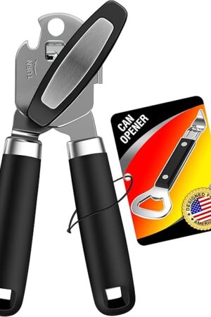 2PCS Can Opener Manual & Bottle Opener, Smooth Edge Manual Can Openers with Strong Magnet, Heavy Duty Stainless Steel Abrelatas Handheld Can Openers for Seniors- Premium Kitchen Supplies (Black)