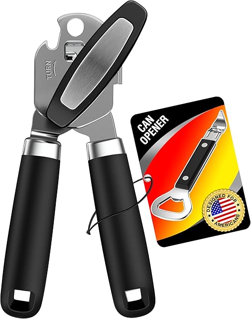 2PCS Can Opener Manual & Bottle Opener, Smooth Edge Manual Can Openers with Strong Magnet, Heavy Duty Stainless Steel Abrelatas Handheld Can Openers for Seniors- Premium Kitchen Supplies (Black)