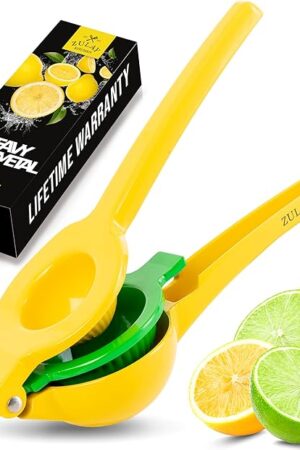 Zulay Kitchen Metal 2-in-1 Lemon Squeezer - Sturdy Max Extraction Hand Juicer Lemon Squeezer Gets Every Last Drop - Easy to Clean Manual Citrus Juicer - Easy-Use Lemon Juicer Squeezer - Yellow/Green