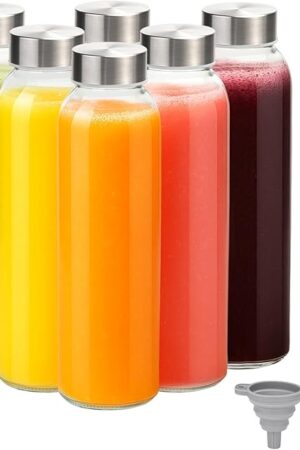 Zukro Glass Water Bottles with Lids 24 oz, 6 Pack Reusable Juice Bottles With Stainless Steel Airtight Cap for Juicing, Leak Proof Clear Drinking Jar Beverage storage container for Fridge, BPA Free