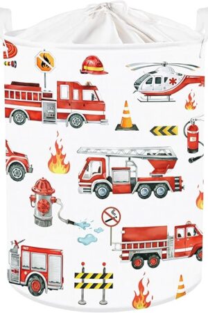 Clastyle Large Red Fire Engine Kid Laundry Hamper for Boy Collapsible Dog Clothes Toy Storage Basket with Lid for Nursery