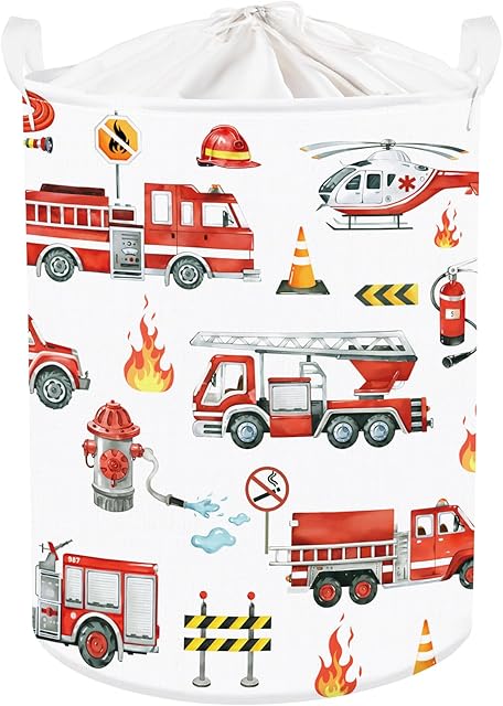 Clastyle Large Red Fire Engine Kid Laundry Hamper for Boy Collapsible Dog Clothes Toy Storage Basket with Lid for Nursery