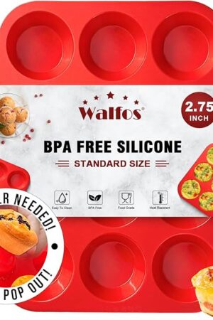 Walfos Silicone Muffin Pan - 12 Cups Regular Silicone Cupcake Pan, Non-stick Great for Making Muffin Cakes, Tart, Bread - BPA Free and Dishwasher Safe