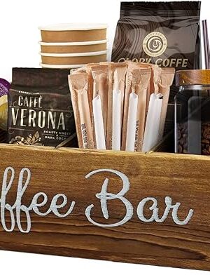 Coffee Station Organizer with Small Removable Dividers, Wooden Coffee Bar Accessories Storage For Countertop, Farmhouse Kcup Coffee Pod Holder Basket With Handle For Coffee Lover