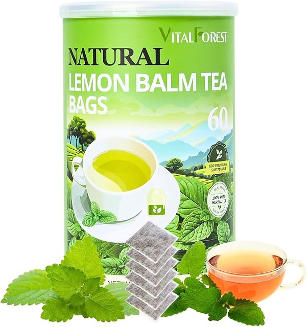 VitalForest Lemon Balm Tea Bags (60 Count), Dried Leaves, 1.5g/Bag | Stress Relief & Sleep | Calming Herb | Non-GMO | Caffeine-Free