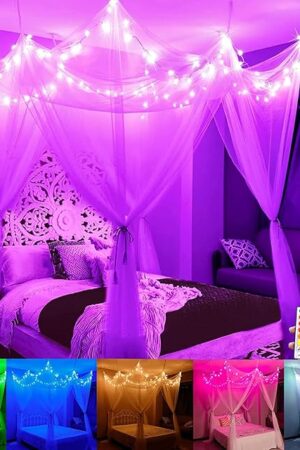 White Bed Canopy with Star Lights Girls Bedroom, 8 Corners Post Hanging Princess Canopy Bed Curtains 100 LED 24 Colors Changing String Lights Remote Timer for Kids Tent Twin Full Queen King Bed