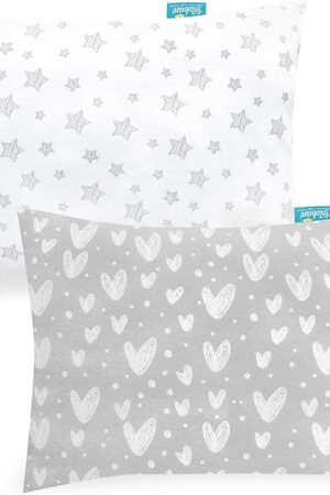 Biloban Organic Cotton Toddler Pillowcase 2 Pack, (Pillowcase Only) Kids Pillowcase for Sleeping Fit Pillow Sized 13 x 18 or 14 x 19, Envelope Travel Pillow Case for Girl Boy, Gray Heart & White Star