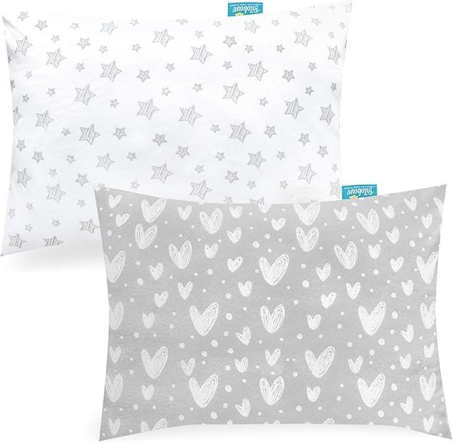 Biloban Organic Cotton Toddler Pillowcase 2 Pack, (Pillowcase Only) Kids Pillowcase for Sleeping Fit Pillow Sized 13 x 18 or 14 x 19, Envelope Travel Pillow Case for Girl Boy, Gray Heart & White Star