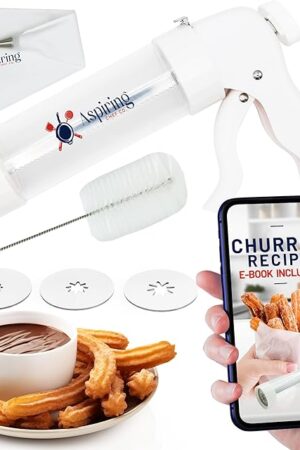 Churro Maker Machine Kit – Easy-to-Use Churro Gun with Stainless Steel Discs, Piping Bag & Filling Tip – Make Authentic Churros Mexicanos at Home – Includes QR Recipe eBook