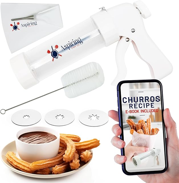 Churro Maker Machine Kit – Easy-to-Use Churro Gun with Stainless Steel Discs, Piping Bag & Filling Tip – Make Authentic Churros Mexicanos at Home – Includes QR Recipe eBook