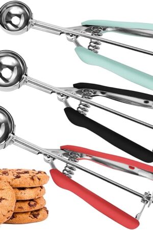 Cookie Scoop Set, Cookie Scoops for Baking Set of 3, Cookie Dough Scoop, 1 Tablespoon/ 2 Tablespoon/ 3 Tablespoon, Red/Black/Mint Handle, For Cookie Cupcake Muffin Ice Cream Truffles