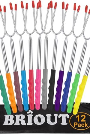 Briout Marshmallow Roasting Sticks 12 Colors Extra Long 45'' Stainless Telescoping Hot Dog Smores Skewers Kids Safe Barbecue Forks for Campfire, Bonfire and Grill(12 Count)