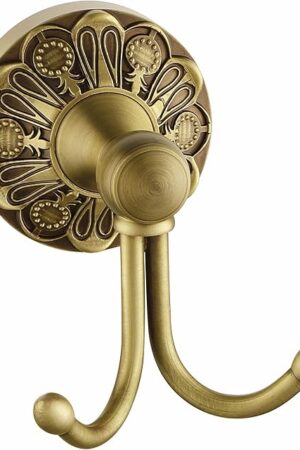Antique Brass Towel Hook, Wall Mounted Bathroom Copper Double Hook for Clothing & Robe Hanger, Screws Install Shower Wall Hook, Vintage Petal-Relief Series