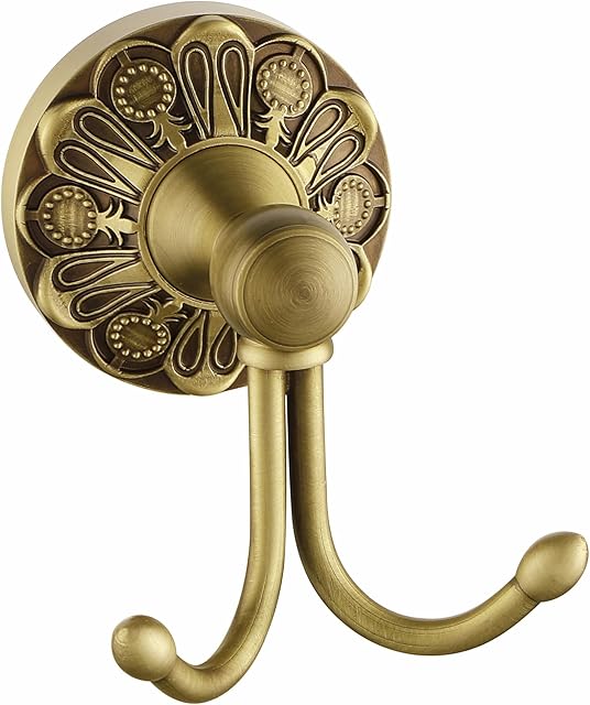 Antique Brass Towel Hook, Wall Mounted Bathroom Copper Double Hook for Clothing & Robe Hanger, Screws Install Shower Wall Hook, Vintage Petal-Relief Series