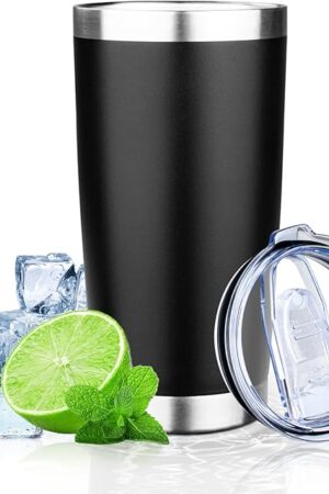 20oz Tumbler with Lid Double Wall Vacuum Insulated Travel Coffee Mug Stainless Steel Thermal Cup Powder Coated Sturdy Coffee Tumbler for Hot and Cold Beverage (Black,1)