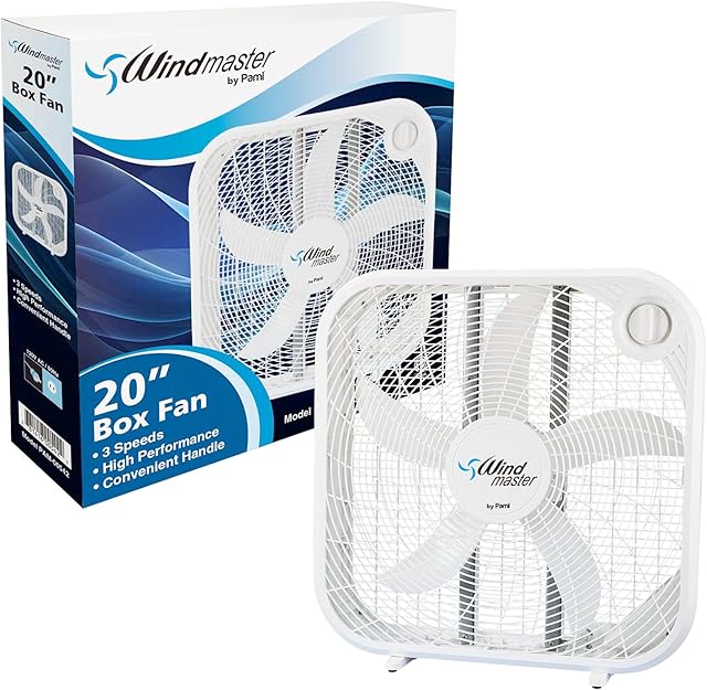 PAMI 20? High-Performance Box Fan - Portable Floor Fan With 3 Speed Levels & Carry Handle- Cooling Air Flow Technology Standing Room Fan- Electric Cooling Fan For Bedroom Home Dorm Office, White
