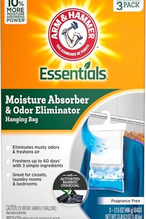 Arm & Hammer Essentials Hanging Moisture Absorber and Odor Eliminator, 17.5 oz., 3 Pack, Fragrance Free, Moisture Absorbers for Closets, Laundry Rooms and Bedrooms, Long-Lasting Freshness