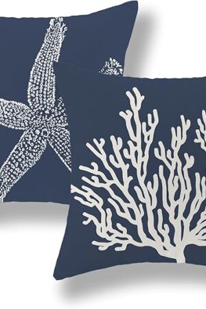 Blue Starfish Pillow Covers 18x18 Inch Set of 2, Nautical Ocean Coastal Blue Coral Throw Pillows Spring Summer Decorations Linen Pillowcase Outdoor Decor Farmhouse Cushion Case for Home Holiday