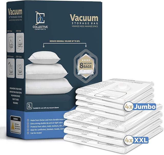 8-Pack Vacuum Storage Bags – XXL & Jumbo Sizes – Vacuum Seal Bags for Bedding, Blankets & Clothing – Space Saver Compression Bags
