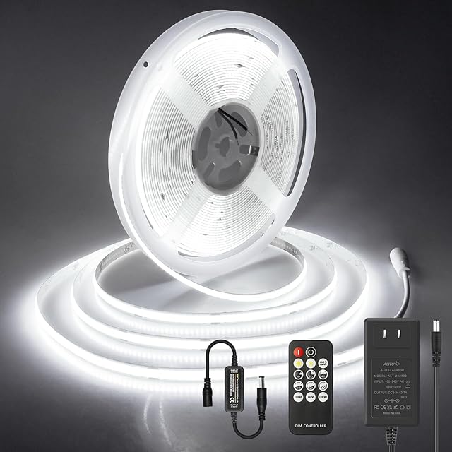 ALITOVE 32.8ft COB Led Light Strip Daylight White 6500K Super Bright 24V LED Mirror Lights with Remote Dimmable 3200LEDs CRI90+ Uniform Glow Ceiling LED Tape Light for Indoor Home Office Lighting