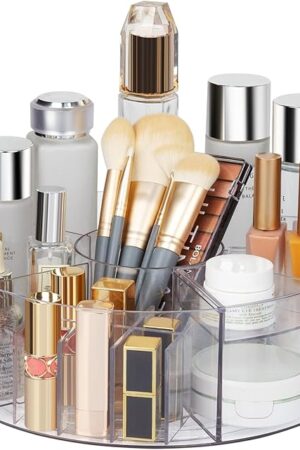 360° Rotating Makeup Organizer, 10" Clear Turntable Lazy Susan Organizer for Vanity, Bathroom Counter, Cabinet, Spinning Cosmetic Storage Holder with 6 Dividers for Skincare, Makeup Brushes, Lipsticks