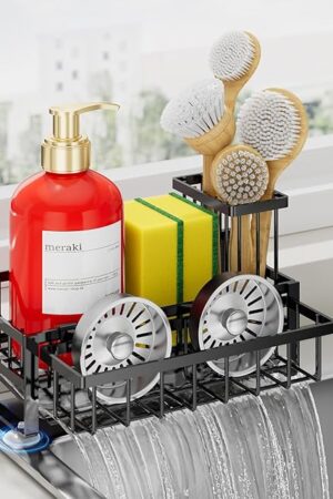 Compact Kitchen Sink Caddy Organizer with Long Brush Holders, 2 Baskets Sponge Holder for Kitchen Sink, Self Drain Rustproof Stainless kitchen Countertop Storage, Small Soap Dispenser Scrubber Rack